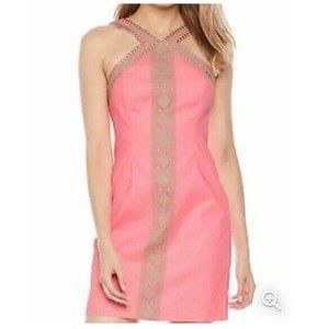 LILLY PULITZER VENA STRETCH SHIFT DRESS Coral w/embroidered Gold Size 0